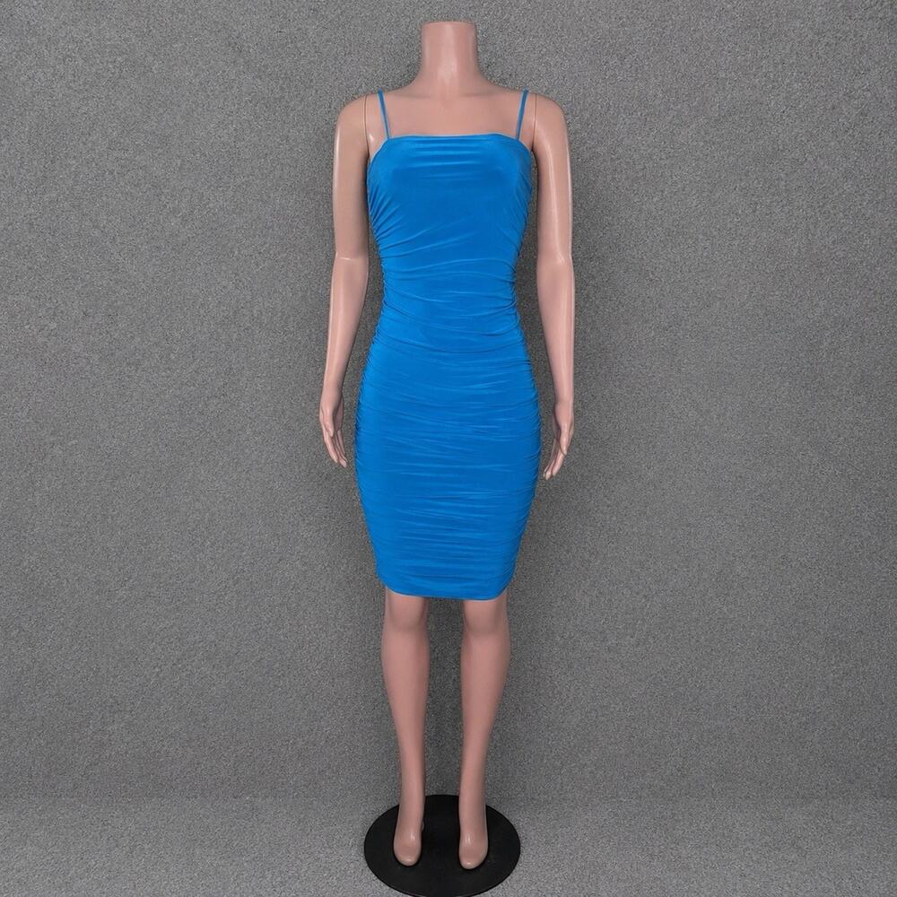 Uptown Womens Large Blue Bodycon Dress Spaghetti Strap Side Ruched Lined NWOT